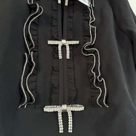 NWT Self-Portrait Ruffled Bib Mini Dress Black Crepe Crystal Trim & Bow Details - Picture 8 of 10